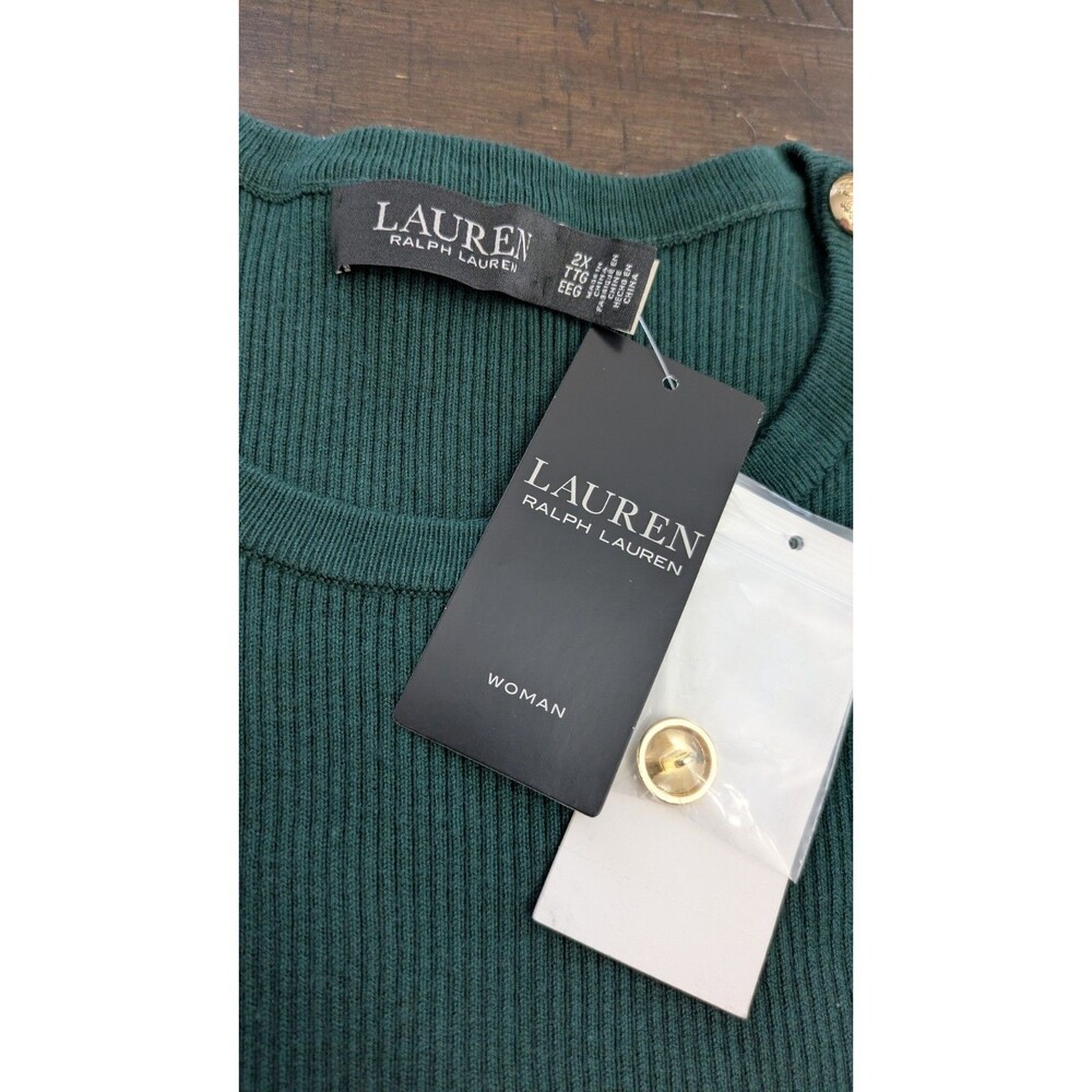 Lauren Ralph Lauren Puff Sleeve Sweater 2X Green Holiday Gold Buttons Preppy NWT - Picture 6 of 11